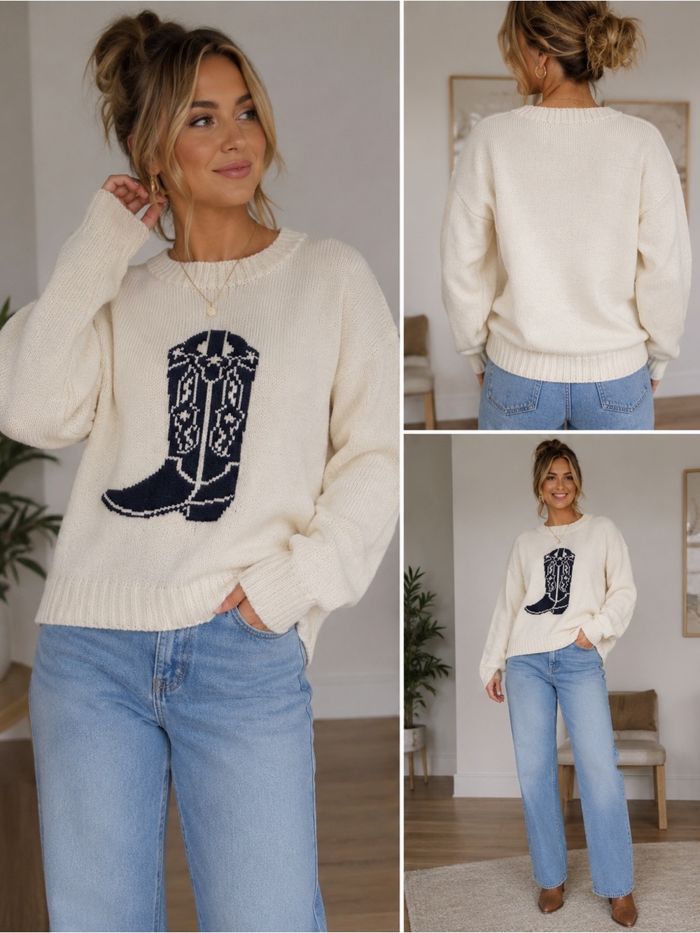 NWT Mighty Fine Cream Sweater with Navy Cowgirl Boot